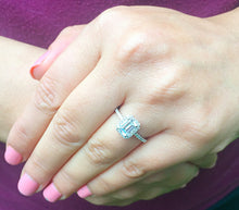 Load image into Gallery viewer, Large 14k solid white gold emerald cut simulated diamond engagement ring halo bridal wedding prong set 2.00ct