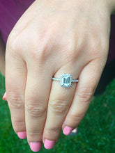 Load image into Gallery viewer, Large 14k solid white gold emerald cut simulated diamond engagement ring halo bridal wedding prong set 2.00ct