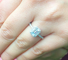 Load image into Gallery viewer, Large 14k solid white gold emerald cut simulated diamond engagement ring halo bridal wedding prong set 2.00ct