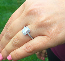 Load image into Gallery viewer, 14k white gold emerald cut forever one moissanite and diamond engagement ring halo prong set bridal wedding 1.50ct