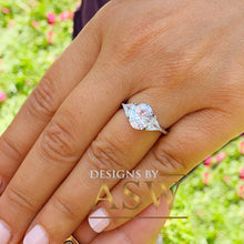 Load image into Gallery viewer, 14k Solid White Gold Oval and Triangle Cut Simulated Diamond Engagement Ring Halo Art Deco Bridal Set High Qulaity Finish 2.10ct