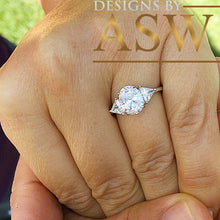 Load image into Gallery viewer, 14k Solid White Gold Oval and Triangle Cut Simulated Diamond Engagement Ring Halo Art Deco Bridal Set High Qulaity Finish 2.10ct