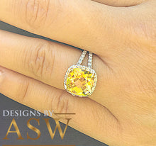 Load image into Gallery viewer, 14K White Gold Cushion Cut Yellow Citrine and Round cut Natural Diamonds Engagement Ring Halo Split Shank Bridal Wedding Anniversary 4.80ctw