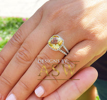 Load image into Gallery viewer, 14K White Gold Cushion Cut Yellow Citrine and Round cut Natural Diamonds Engagement Ring Halo Split Shank Bridal Wedding Anniversary 4.80ctw