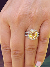 Load image into Gallery viewer, 14K White Gold Cushion Cut Yellow Citrine and Round cut Natural Diamonds Engagement Ring Halo Split Shank Bridal Wedding Anniversary 4.80ctw