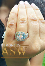 Load image into Gallery viewer, Huge and Heavy 14K Solid White Gold Asscher Cut Simulated Diamond Engagement Ring Bezel Set Halo Wedding Anniversary Round Cut 4.50ct by ASW