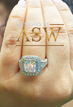 Load image into Gallery viewer, Huge and Heavy 14K Solid White Gold Asscher Cut Simulated Diamond Engagement Ring Bezel Set Halo Wedding Anniversary Round Cut 4.50ct by ASW
