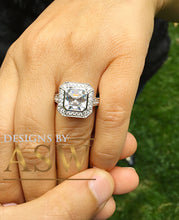 Load image into Gallery viewer, Huge and Heavy 14K Solid White Gold Asscher Cut Simulated Diamond Engagement Ring Bezel Set Halo Wedding Anniversary Round Cut 4.50ct by ASW