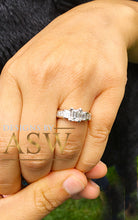 Load image into Gallery viewer, 14k white gold emerald cut forever one moissanite and diamond engagement ring three stone style prong set bridal wedding 1.60ct