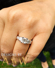 Load image into Gallery viewer, 14k white gold emerald cut forever one moissanite and diamond engagement ring three stone style prong set bridal wedding 1.60ct