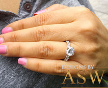 Load image into Gallery viewer, Four carat women's round cut forever one moissanite and diamond engagement ring eternity style bridal wedding set in solid 14k white gold