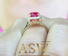 Load image into Gallery viewer, 14k Solid Yellow Gold Round Simulated Ruby And Round Cut Diamonds Antique Deco Design Ring Halo Bridal Wedding 2.50ctw by ASW