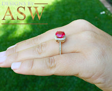 Load image into Gallery viewer, 14k Solid Yellow Gold Round Simulated Ruby And Round Cut Diamonds Antique Deco Design Ring Halo Bridal Wedding 2.50ctw by ASW