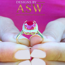 Load image into Gallery viewer, 14k Solid Yellow Gold Round Simulated Ruby And Round Cut Diamonds Antique Deco Design Ring Halo Bridal Wedding 2.50ctw by ASW