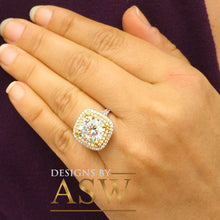 Load image into Gallery viewer, Huge 14K Solid White and Yellow Gold Cushion Cut Forever One Moissanite and Round Cut Natural Diamond Engagement Ring Double Halo 6.50ct