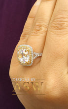 Load image into Gallery viewer, Huge 14K Solid White and Yellow Gold Cushion Cut Forever One Moissanite and Round Cut Natural Diamond Engagement Ring Double Halo 6.50ct