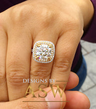 Load image into Gallery viewer, Huge 14K Solid White and Yellow Gold Cushion Cut Forever One Moissanite and Round Cut Natural Diamond Engagement Ring Double Halo 6.50ct