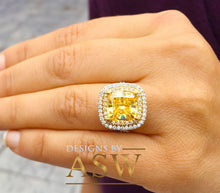 Load image into Gallery viewer, Huge 6.50 Carats 14k Solid White and Yellow Gold Cushion Cut Simulated Fancy Yellow Diamond and simulated Diamonds Engagement Ring Halo