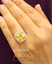 Load image into Gallery viewer, Huge 6.50 Carats 14k Solid White and Yellow Gold Cushion Cut Simulated Fancy Yellow Diamond and simulated Diamonds Engagement Ring Halo