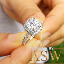 Load image into Gallery viewer, 14k solid white gold cushion and round cut simulated diamond engagement ring halo bridal wedding propose prong set 2.50ctw