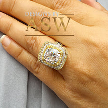 Load image into Gallery viewer, Huge 7.10 Carats 14k Solid White and Yellow Gold Cushion and Round Cut Simulated Diamond Engagement Ring And Two Band Double Halo