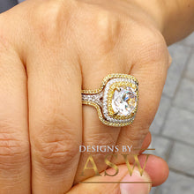 Load image into Gallery viewer, Huge 7.10 Carats 14k Solid White and Yellow Gold Cushion and Round Cut Simulated Diamond Engagement Ring And Two Band Double Halo