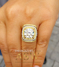 Load image into Gallery viewer, Huge 14K Solid White and Yellow Gold Cushion Cut Forever One Moissanite and Round Cut Natural Diamond Engagement Ring And Two Bands 7.10ct