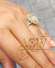 Load image into Gallery viewer, Cushion and Round Cut Simulated Diamond Engagement Ring And Band Double Halo Huge 6.80 Carats 14k Solid White and Yellow Gold