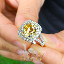 Load image into Gallery viewer, Round Cut Simulated Diamond and simulated Fancy Yellow Diamonds Engagement Ring Double Halo Large 4.00 Carats 14k Solid White Gold
