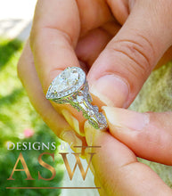 Load image into Gallery viewer, Round Cut Simulated Diamond Engagement Ring Deco, Bridal, Wedding, Halo, Anniversary, Split band 14k Solid White Gold Pear and 2.20ct by ASW