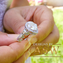 Load image into Gallery viewer, 14k Solid White Gold Pear Cut Forever One Moissanite and Natural Diamond Engagement Ring Halo, Bridal, Wedding Deco Antique Style 2.20ctw