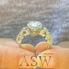 Load image into Gallery viewer, 14k Solid White Gold Pear Cut Forever One Moissanite and Natural Diamond Engagement Ring Halo, Bridal, Wedding Deco Antique Style 2.20ctw