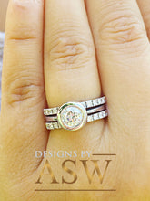 Load image into Gallery viewer, 14k solid white gold round cut simulated diamond bezel engagement ring and two bands, bridal set, wedding, halo three piece set 1.70ct ASW