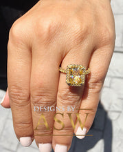 Load image into Gallery viewer, 14K Solid Yellow Gold Radiant Cut Yellow Citrine Simulated Diamond Engagement Ring Prong Set lots of shine and luster round cut sides 4.75ct
