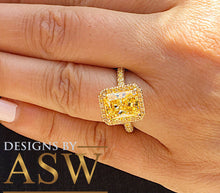 Load image into Gallery viewer, 14K Solid Yellow Gold Radiant Cut Yellow Citrine Simulated Diamond Engagement Ring Prong Set lots of shine and luster round cut sides 4.75ct