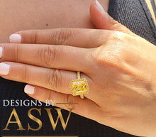 Load image into Gallery viewer, 14K Solid Yellow Gold Radiant Cut Yellow Citrine Simulated Diamond Engagement Ring Prong Set lots of shine and luster round cut sides 4.75ct