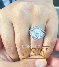 Load image into Gallery viewer, Huge 14k Solid White Gold Round Cut Simulated Diamond Engagement Ring and band Antique Deco Bridal Halo Wedding Anniversary Filigree 3.00ct