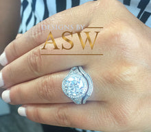Load image into Gallery viewer, Huge 14k Solid White Gold Round Cut Simulated Diamond Engagement Ring and band Antique Deco Bridal Halo Wedding Anniversary Filigree 3.00ct