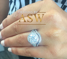 Load image into Gallery viewer, Huge 14k Solid White Gold Round Cut Forever One Moissanite and Natural Diamond Engagement Ring and band Bridal Wedding Set Halo 3.00ct