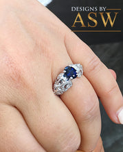 Load image into Gallery viewer, 14k solid white gold oval cut blue sapphire and natural diamonds engagement ring halo, deco, bridal, wedding, anniversary, propose 2.15ctw