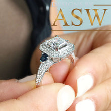 Load image into Gallery viewer, 14k Solid White Gold Asscher, Round, and Trillion Cut Simulated Diamond ans sapphire Engagement Ring Halo Bridal Wedding 2.00ctw by ASW
