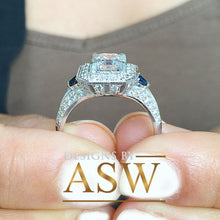 Load image into Gallery viewer, 14k Solid White Gold Asscher, Round, and Trillion Cut Simulated Diamond ans sapphire Engagement Ring Halo Bridal Wedding 2.00ctw by ASW