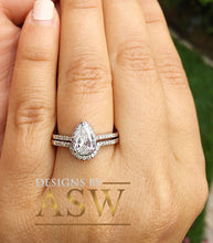 Load image into Gallery viewer, 14k Solid White Gold Pear and Round Cut Simulated Diamond Engagement Ring And Band Deco, Bridal, Wedding, Halo, Anniversary 1.50ct