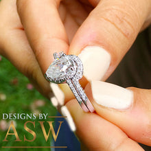 Load image into Gallery viewer, 14k Solid White Gold Pear and Round Cut Simulated Diamond Engagement Ring And Band Deco, Bridal, Wedding, Halo, Anniversary 1.50ct