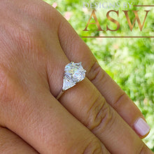 Load image into Gallery viewer, 14k Solid White Gold Oval and Triangle Cut Simulated Diamond Engagement Ring Halo Art Deco Bridal Set High Qulaity Finish 2.10ct