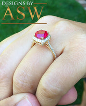 Load image into Gallery viewer, 14k Solid Yellow Gold Round Simulated Ruby And Round Cut Diamonds Antique Deco Design Ring Halo Bridal Wedding 2.50ctw by ASW