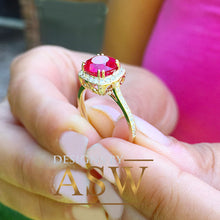 Load image into Gallery viewer, 14k Solid Yellow Gold Round Simulated Ruby And Round Cut Diamonds Antique Deco Design Ring Halo Bridal Wedding 2.50ctw by ASW