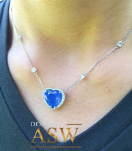 Load image into Gallery viewer, Large 14k solid white gold heart shape simulated sapphbire and round cut simulated diamonds necklace pendent and chain bridal gift 5.70ctw