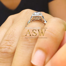 Load image into Gallery viewer, 14k White Gold Round Cut Forever One Moissanite and Diamond And Sapphire Engagement Ring, Bridal, Wedding, Natural Diamonds Halo 2.00ctw