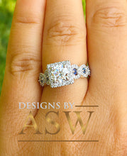Load image into Gallery viewer, 14k White Gold Round Cut Forever One Moissanite and Diamond And Sapphire Engagement Ring, Bridal, Wedding, Natural Diamonds Halo 2.00ctw